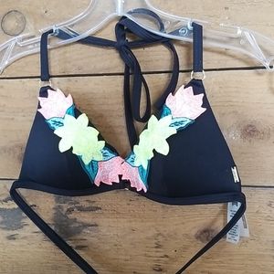 Victoria's Secret PINK Triangle Bikini Top Black with Floral Applique